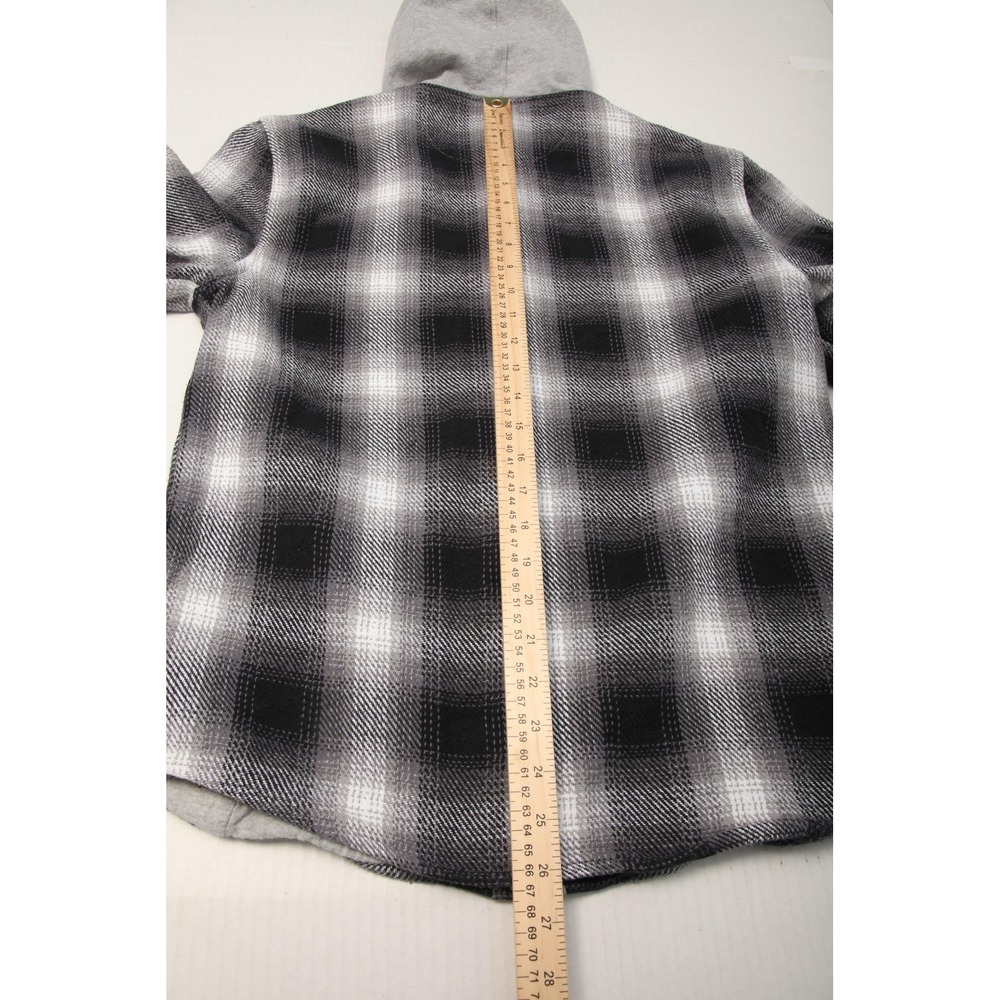 Johnnie O Shacket Jacket Mens Medium Black Gray Plaid Hooded Cotton Flannel - Picture 9 of 11